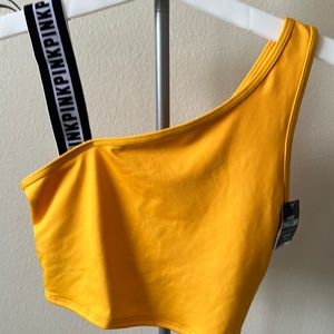 VS PINK Ultimate Light Support Sports Bra Black White Logo Mustard Yellow. Small
